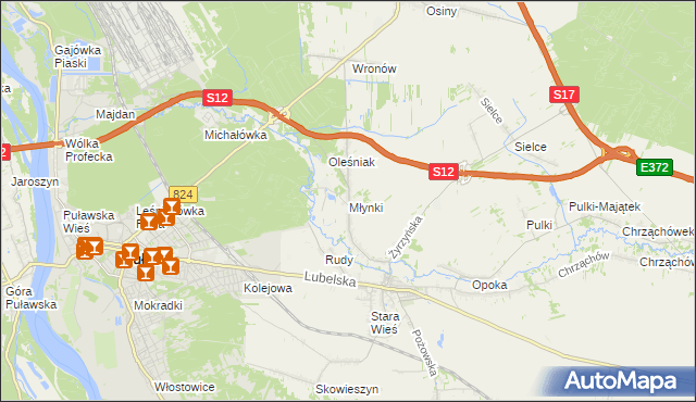 mapa Młynki gmina Końskowola, Młynki gmina Końskowola na mapie Targeo