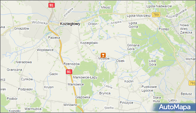 mapa Mysłów gmina Koziegłowy, Mysłów gmina Koziegłowy na mapie Targeo