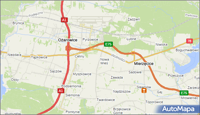 mapa Nowa Wieś gmina Mierzęcice, Nowa Wieś gmina Mierzęcice na mapie Targeo