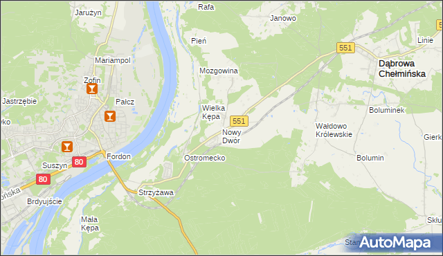 mapa Nowy Dwór gmina Dąbrowa Chełmińska, Nowy Dwór gmina Dąbrowa Chełmińska na mapie Targeo