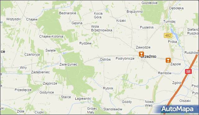 mapa Ostrów gmina Brzeźnio, Ostrów gmina Brzeźnio na mapie Targeo