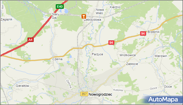 mapa Parzyce gmina Nowogrodziec, Parzyce gmina Nowogrodziec na mapie Targeo