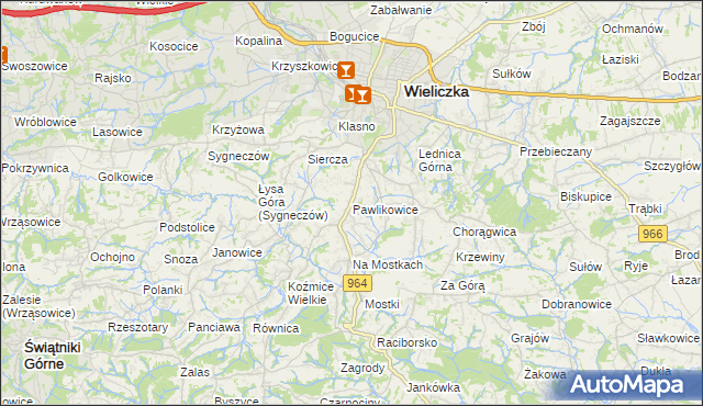 mapa Pawlikowice gmina Wieliczka, Pawlikowice gmina Wieliczka na mapie Targeo