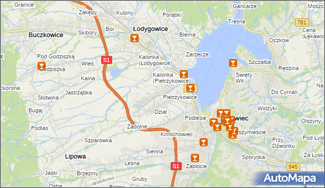 mapa Pietrzykowice gmina Łodygowice, Pietrzykowice gmina Łodygowice na mapie Targeo