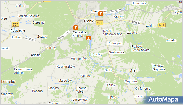 mapa Płachty gmina Pionki, Płachty gmina Pionki na mapie Targeo