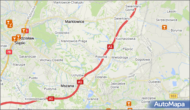 mapa Połomia gmina Mszana, Połomia gmina Mszana na mapie Targeo