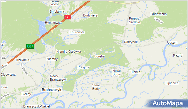 mapa Poręba gmina Brańszczyk, Poręba gmina Brańszczyk na mapie Targeo