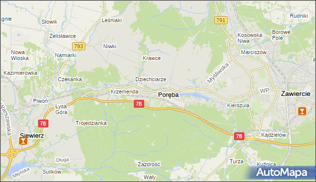 mapa Poręba powiat zawierciański, Poręba powiat zawierciański na mapie Targeo
