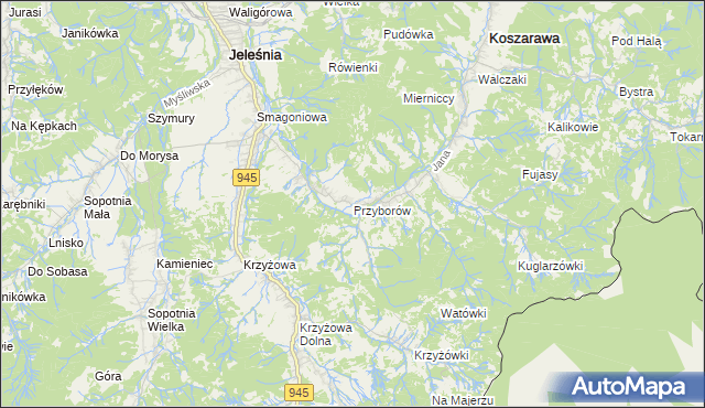mapa Przyborów gmina Jeleśnia, Przyborów gmina Jeleśnia na mapie Targeo