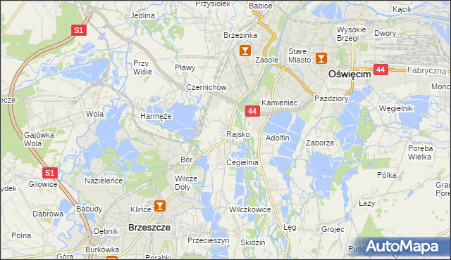 mapa Rajsko gmina Oświęcim, Rajsko gmina Oświęcim na mapie Targeo