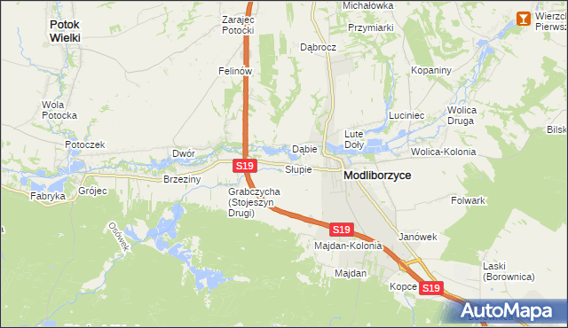 mapa Słupie gmina Modliborzyce, Słupie gmina Modliborzyce na mapie Targeo