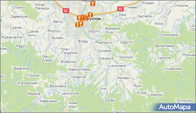 mapa Sułkowice gmina Andrychów, Sułkowice gmina Andrychów na mapie Targeo