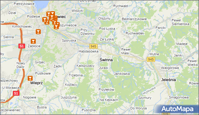 mapa Świnna powiat żywiecki, Świnna powiat żywiecki na mapie Targeo