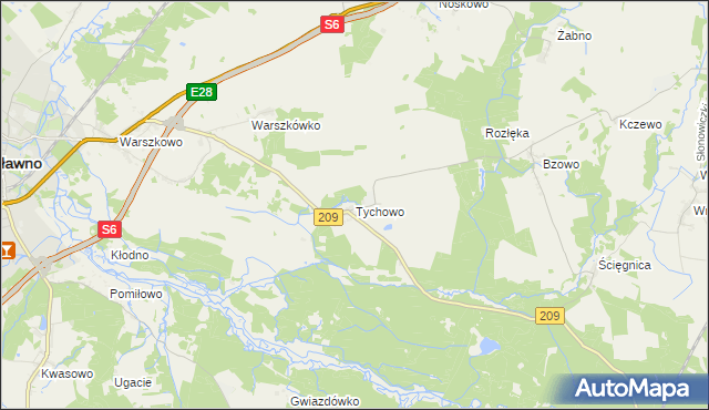 mapa Tychowo gmina Sławno, Tychowo gmina Sławno na mapie Targeo