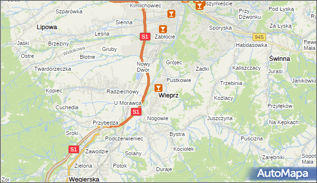 mapa Wieprz gmina Radziechowy-Wieprz, Wieprz gmina Radziechowy-Wieprz na mapie Targeo