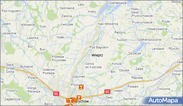 mapa Wieprz powiat wadowicki, Wieprz powiat wadowicki na mapie Targeo