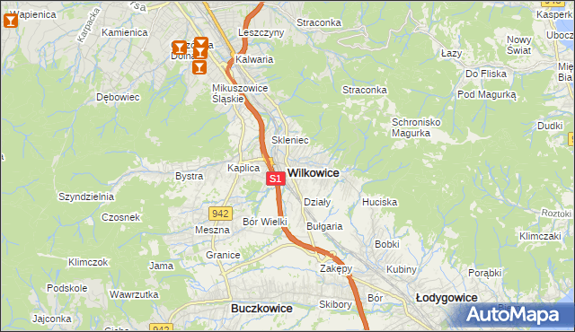 mapa Wilkowice powiat bielski, Wilkowice powiat bielski na mapie Targeo