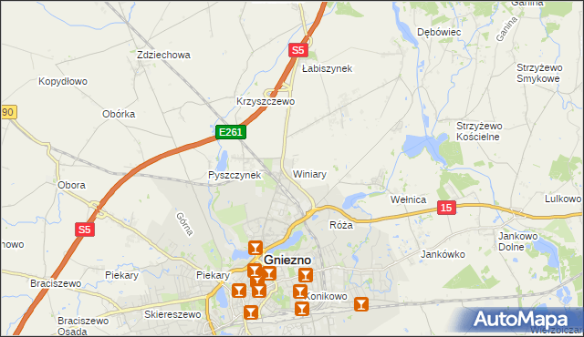 mapa Winiary gmina Gniezno, Winiary gmina Gniezno na mapie Targeo