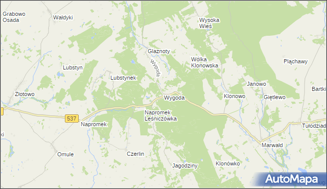 mapa Wygoda gmina Ostróda, Wygoda gmina Ostróda na mapie Targeo