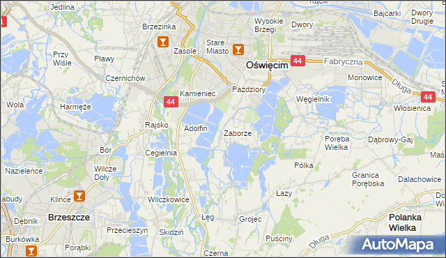 mapa Zaborze gmina Oświęcim, Zaborze gmina Oświęcim na mapie Targeo