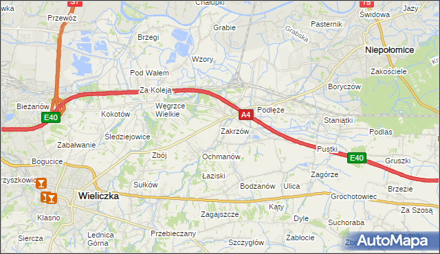 mapa Zakrzów gmina Niepołomice, Zakrzów gmina Niepołomice na mapie Targeo