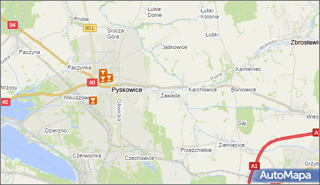 mapa Zawada gmina Zbrosławice, Zawada gmina Zbrosławice na mapie Targeo