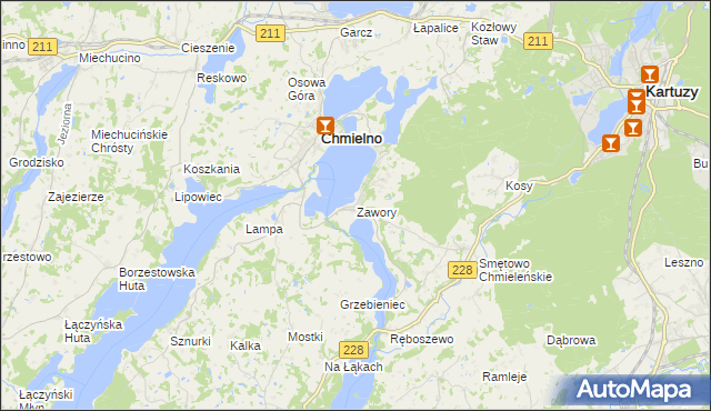 mapa Zawory gmina Chmielno, Zawory gmina Chmielno na mapie Targeo