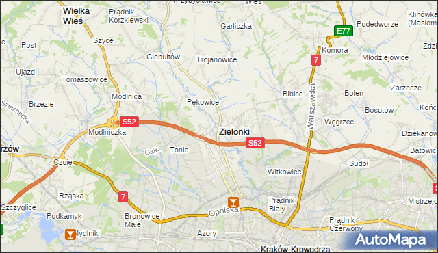 mapa Zielonki powiat krakowski, Zielonki powiat krakowski na mapie Targeo
