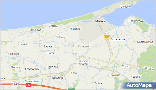 mapa Komorniki gmina Mielno, Komorniki gmina Mielno na mapie Targeo