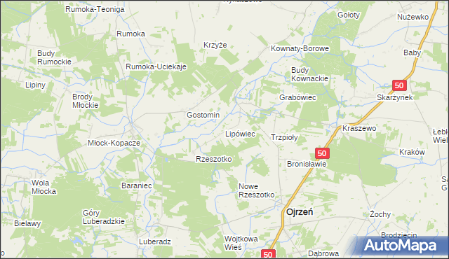 mapa Lipówiec gmina Ojrzeń, Lipówiec gmina Ojrzeń na mapie Targeo