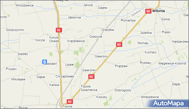 mapa Gawrony gmina Łęczyca, Gawrony gmina Łęczyca na mapie Targeo