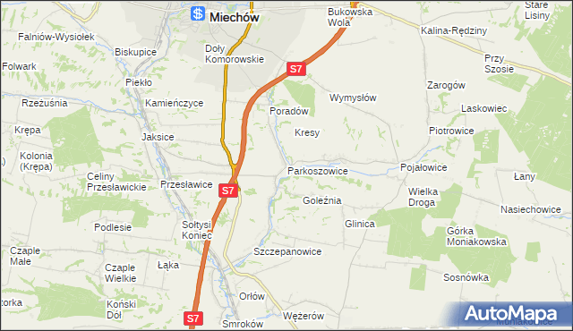 mapa Parkoszowice gmina Miechów, Parkoszowice gmina Miechów na mapie Targeo