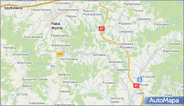 mapa Sieniawa gmina Raba Wyżna, Sieniawa gmina Raba Wyżna na mapie Targeo