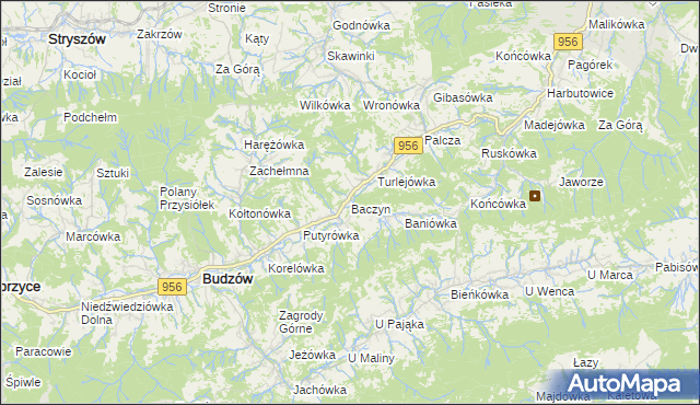 mapa Baczyn gmina Budzów, Baczyn gmina Budzów na mapie Targeo
