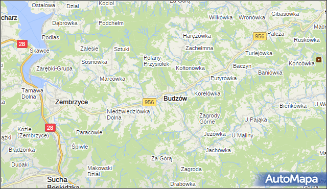 mapa Budzów powiat suski, Budzów powiat suski na mapie Targeo