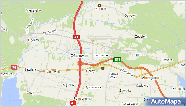 mapa Pyrzowice, Pyrzowice na mapie Targeo