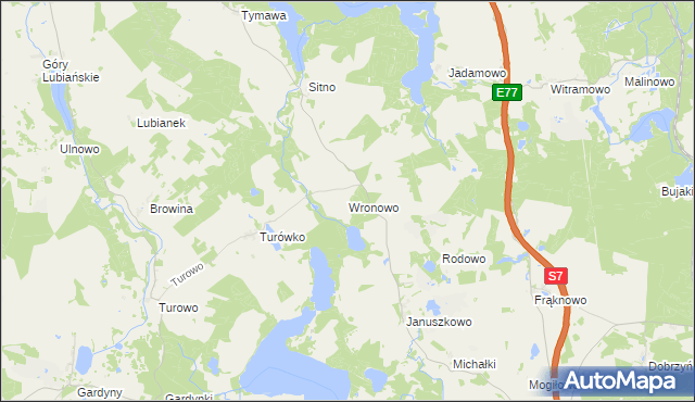 mapa Wronowo gmina Kozłowo, Wronowo gmina Kozłowo na mapie Targeo