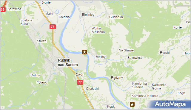 mapa Bieliny gmina Ulanów, Bieliny gmina Ulanów na mapie Targeo