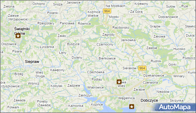 mapa Bieńkowice gmina Dobczyce, Bieńkowice gmina Dobczyce na mapie Targeo