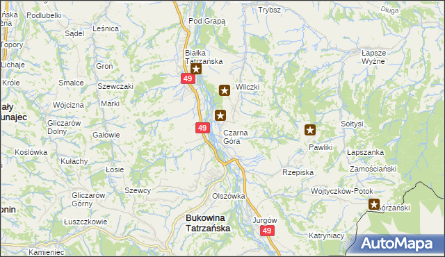 mapa Czarna Góra gmina Bukowina Tatrzańska, Czarna Góra gmina Bukowina Tatrzańska na mapie Targeo