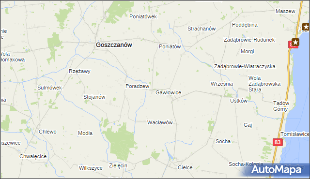 mapa Gawłowice gmina Goszczanów, Gawłowice gmina Goszczanów na mapie Targeo