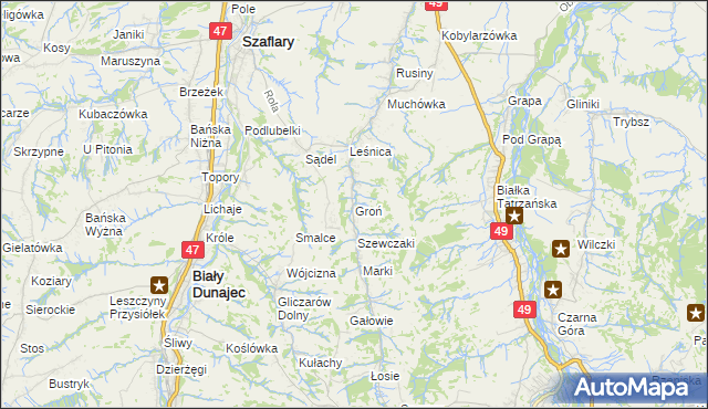 mapa Groń gmina Bukowina Tatrzańska, Groń gmina Bukowina Tatrzańska na mapie Targeo