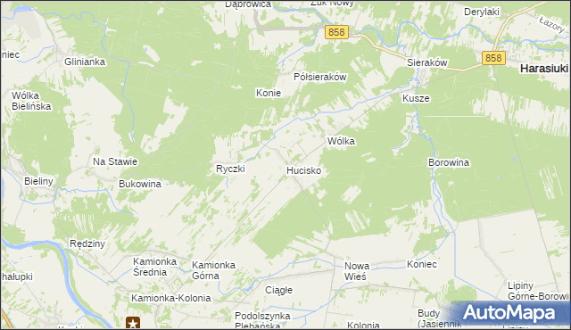 mapa Hucisko gmina Harasiuki, Hucisko gmina Harasiuki na mapie Targeo