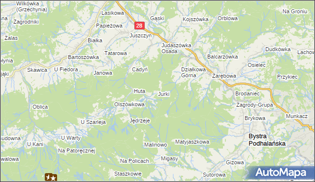 mapa Jurki gmina Maków Podhalański, Jurki gmina Maków Podhalański na mapie Targeo