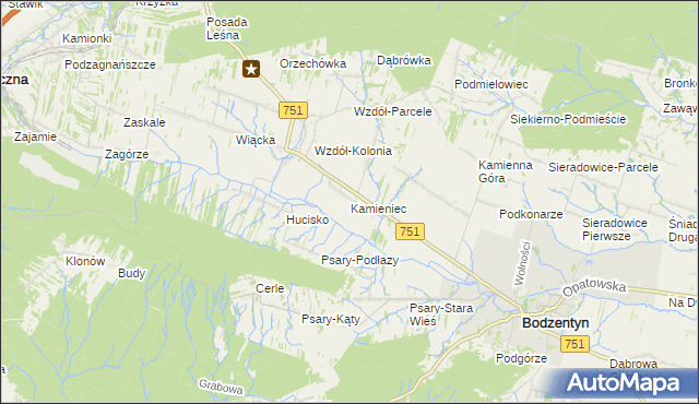 mapa Kamieniec gmina Bodzentyn, Kamieniec gmina Bodzentyn na mapie Targeo