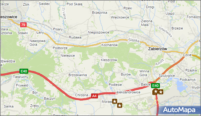 mapa Kleszczów gmina Zabierzów, Kleszczów gmina Zabierzów na mapie Targeo