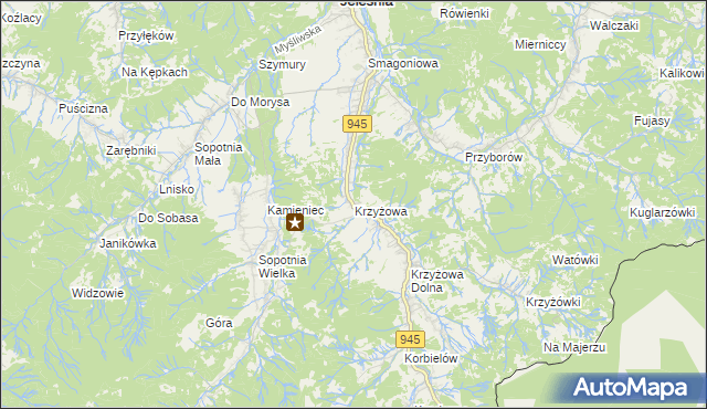 mapa Krzyżowa gmina Jeleśnia, Krzyżowa gmina Jeleśnia na mapie Targeo