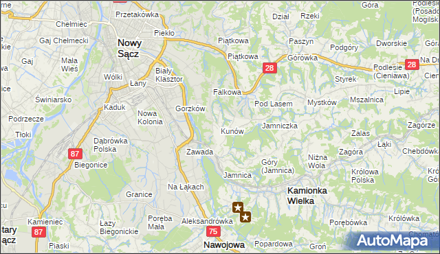 mapa Kunów gmina Chełmiec, Kunów gmina Chełmiec na mapie Targeo