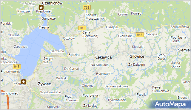 mapa Łękawica powiat żywiecki, Łękawica powiat żywiecki na mapie Targeo