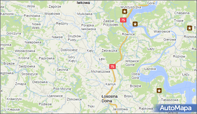 mapa Łęki gmina Łososina Dolna, Łęki gmina Łososina Dolna na mapie Targeo